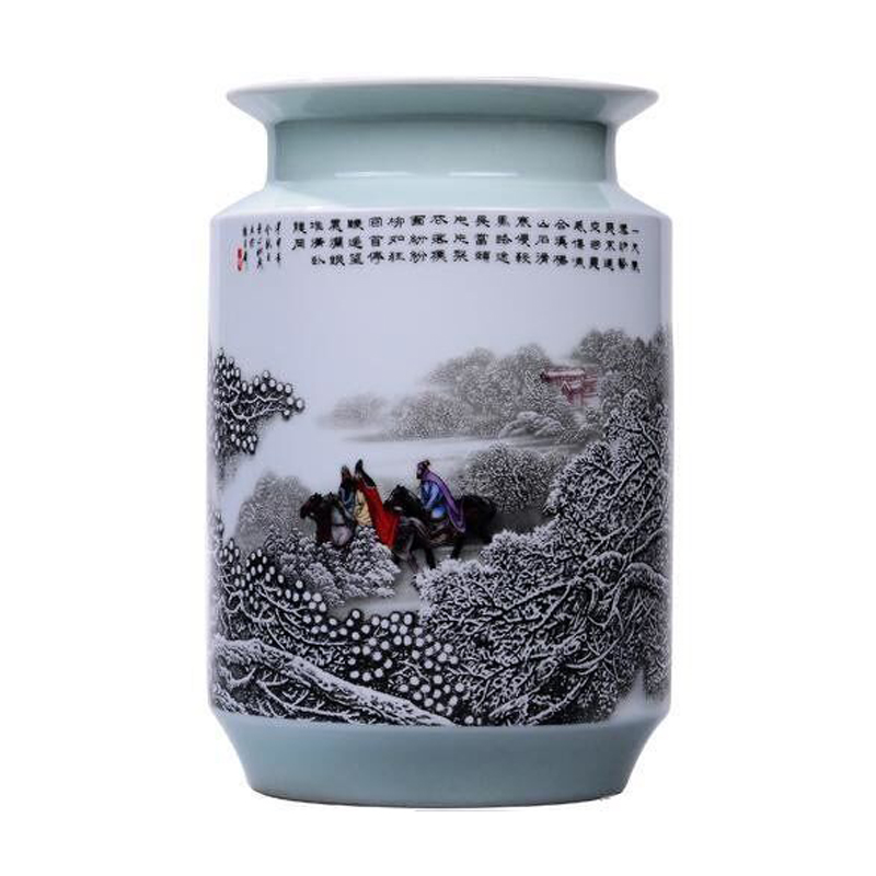 张松茂大师三顾茅庐粉彩雪景瓶棋子瓶-瓷器收藏-裕荣国礼